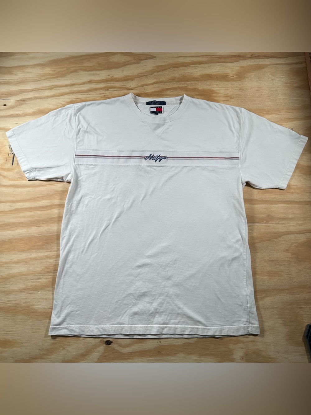 Vintage 90s Tommy Hilfiger White Script Chest Stripe T-Shirt (Size XL) - Made in